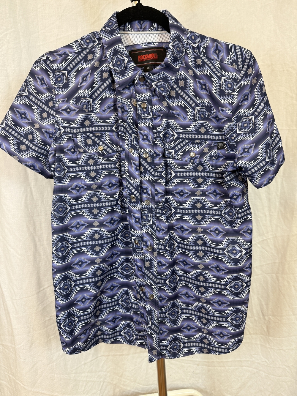 Rock & Roll Denim Blue Aztec Print Short-Sleeve Button-Down Shirt sz XL